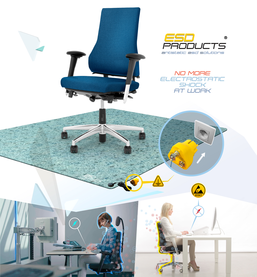 Static Free Office Solution ESD Office Chair Blue With Armrests + ESD Office Chair Mat Light Blue Wi